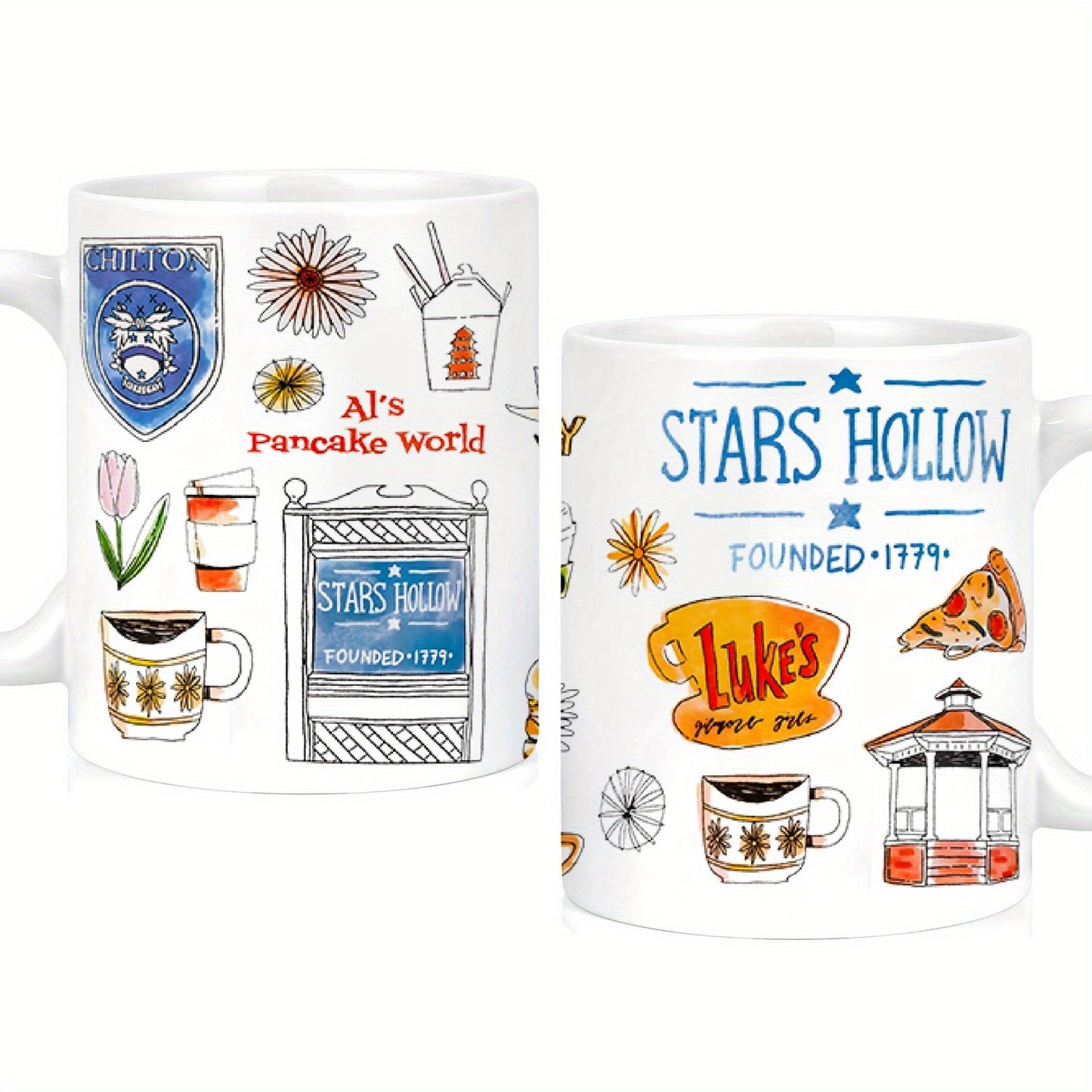 "Stars Hollow" 1pc 11oz Modern Gilmore Girls Coffee Mug Design with Luke's Diner & Coffee Shop Icons