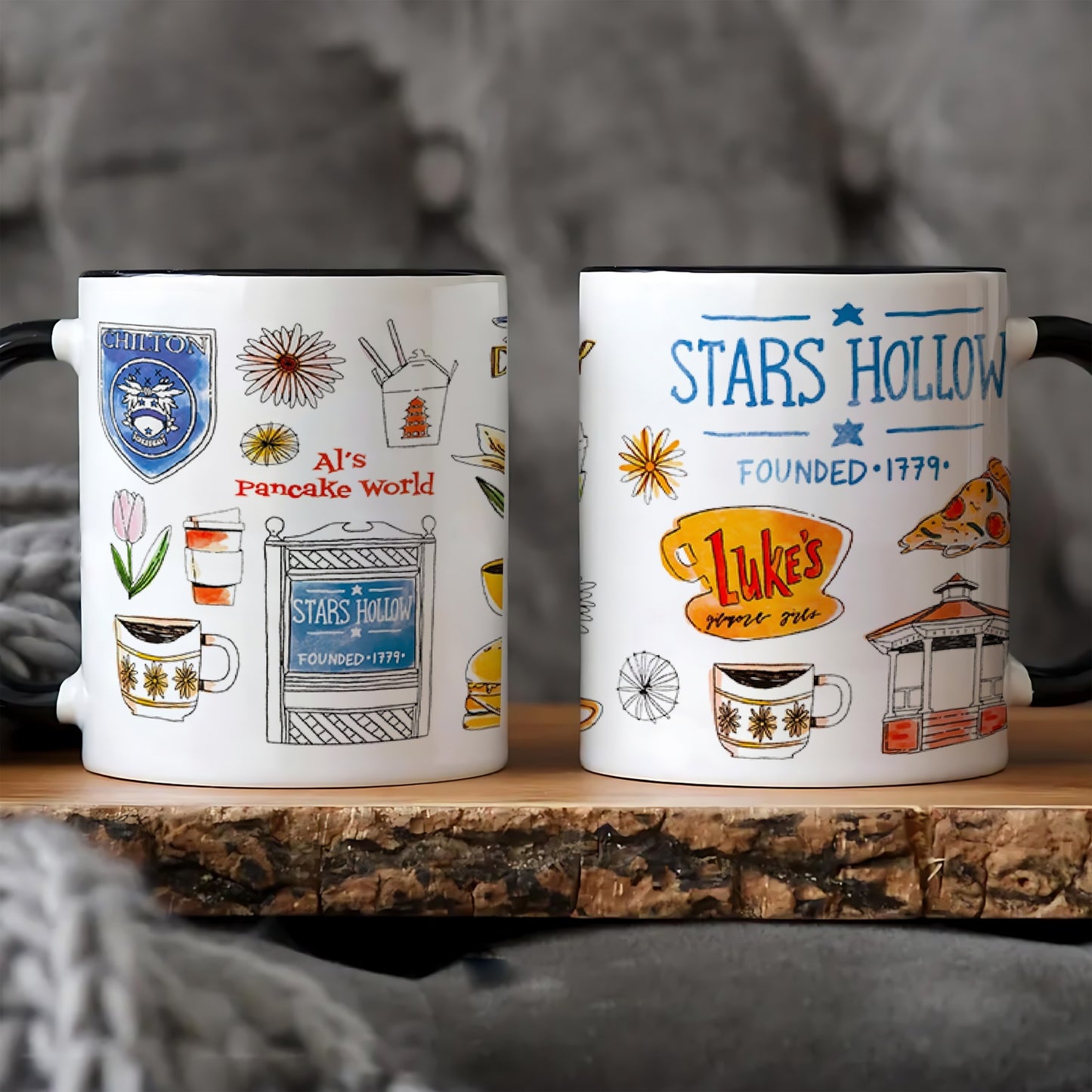 "Stars Hollow" 1pc 11oz Modern Gilmore Girls Coffee Mug Design with Luke's Diner & Coffee Shop Icons