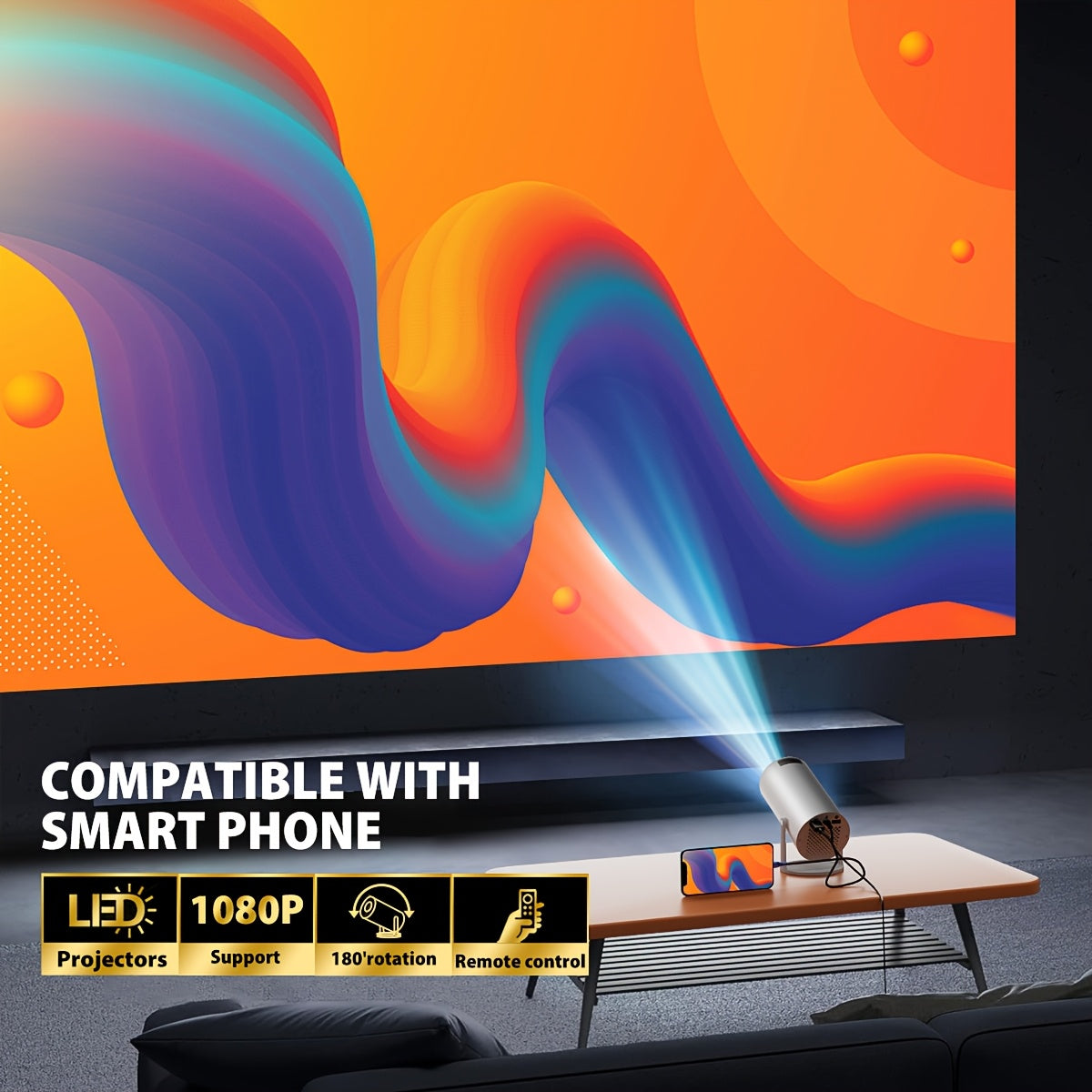 High-Definition Projector,  Fast Focus, 180° Rotation, Compatible with Mobile Phones, Tablets, Computers