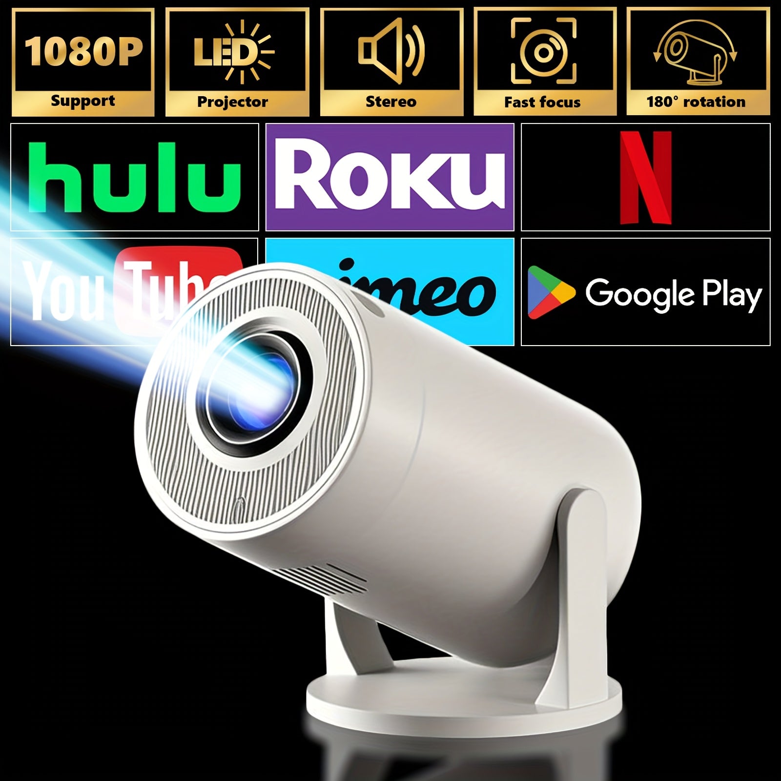 High-Definition Projector,  Fast Focus, 180° Rotation, Compatible with Mobile Phones, Tablets, Computers