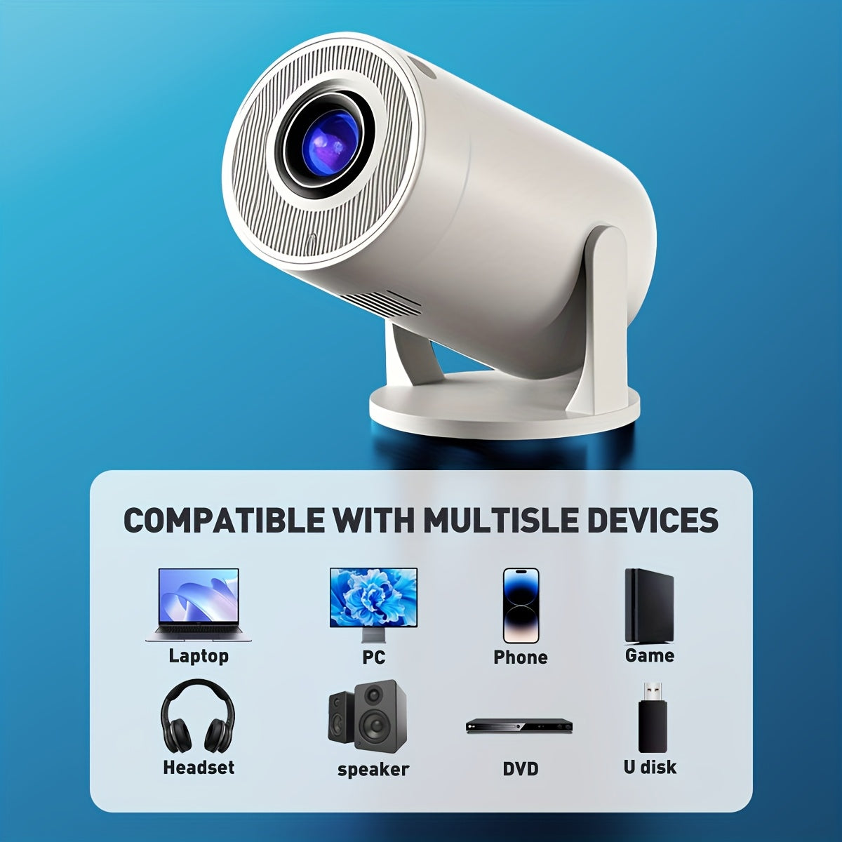 High-Definition Projector,  Fast Focus, 180° Rotation, Compatible with Mobile Phones, Tablets, Computers