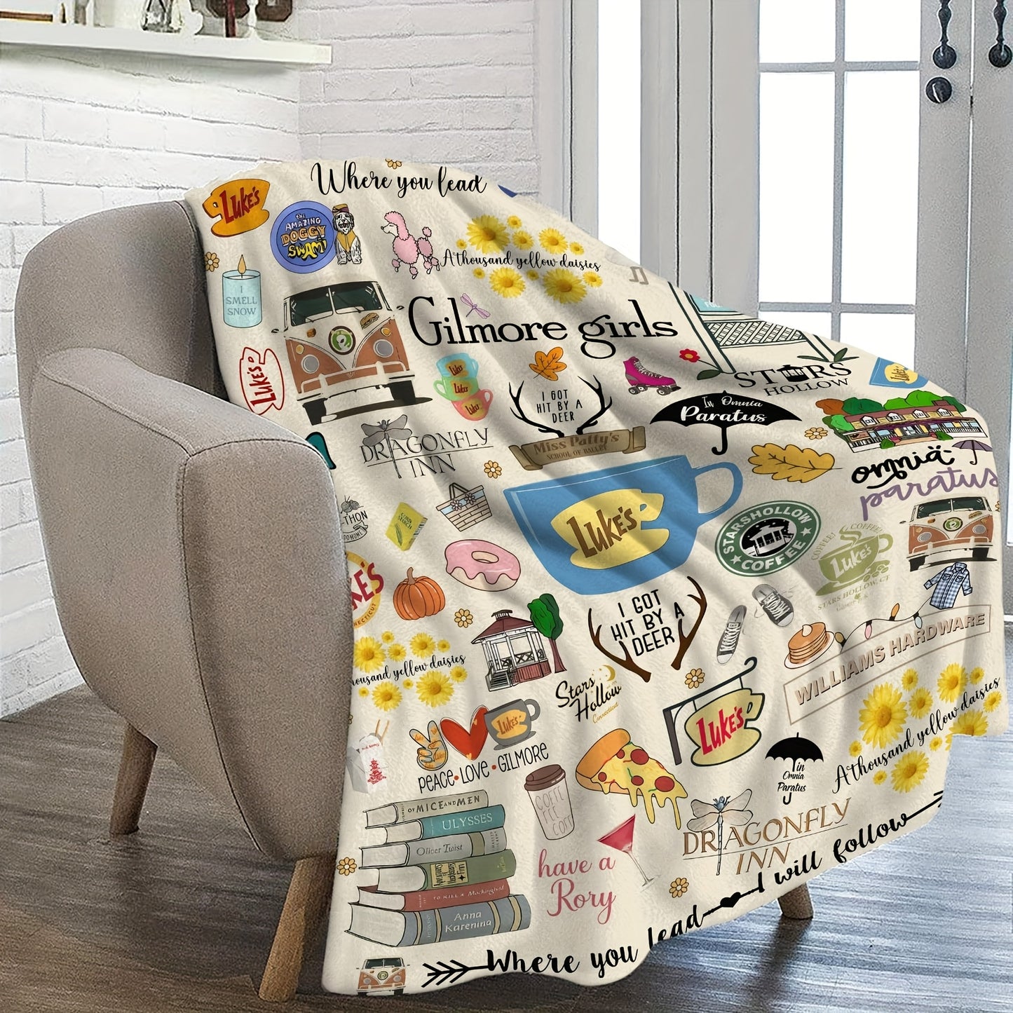 Gilmore Girls TV Show Themed Throw Blanket - Ultra-Soft Fleece with Luke's Diner, Stars Hollow & "Where You Lead" Quotes