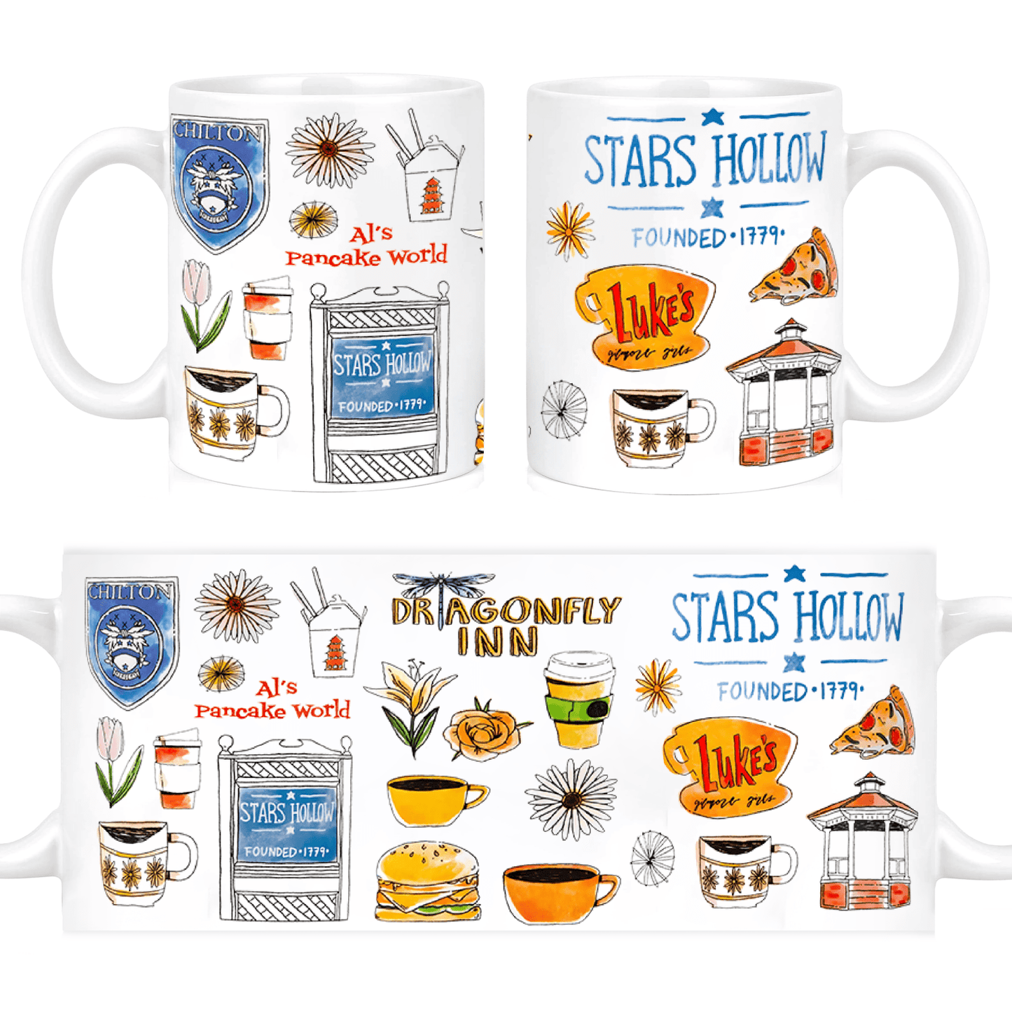 "Stars Hollow" 1pc 11oz Modern Gilmore Girls Coffee Mug Design with Luke's Diner & Coffee Shop Icons