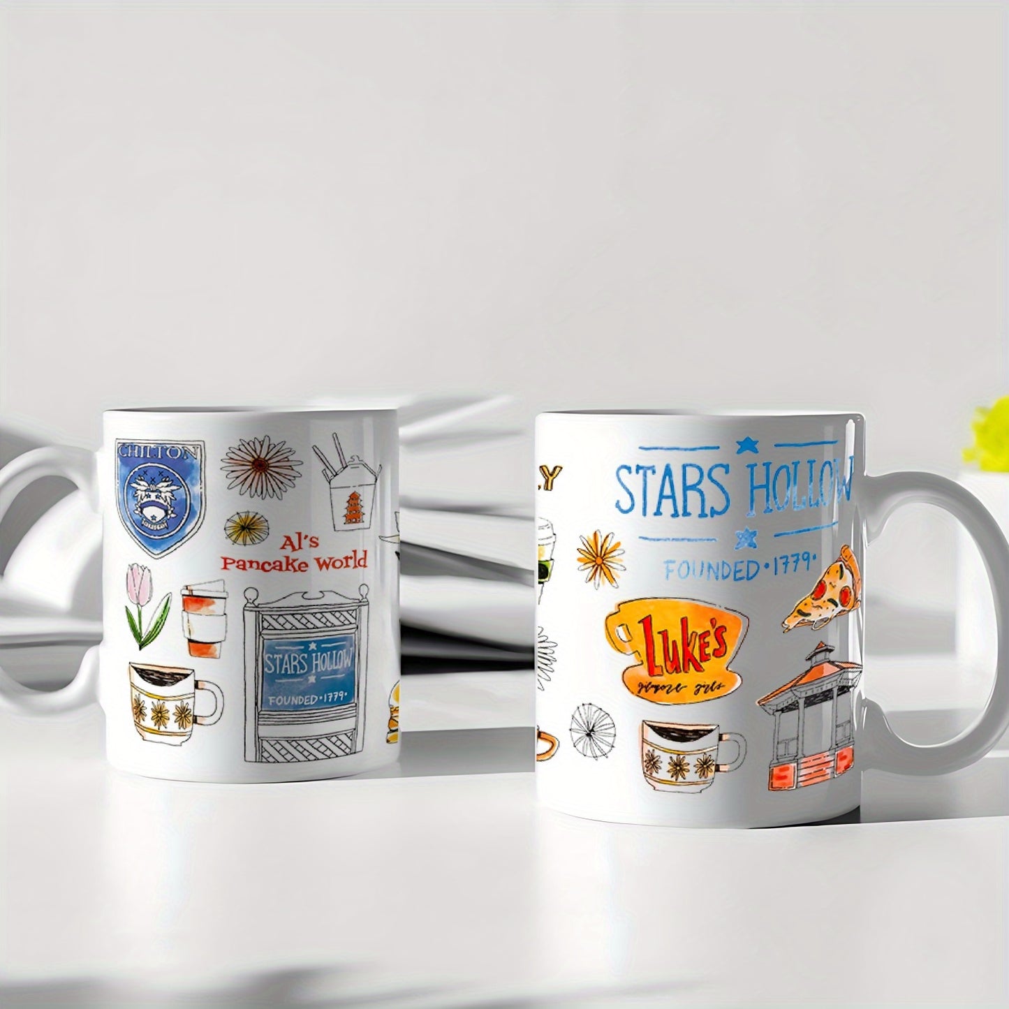 "Stars Hollow" 1pc 11oz Modern Gilmore Girls Coffee Mug Design with Luke's Diner & Coffee Shop Icons