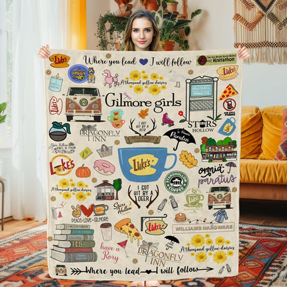 Gilmore Girls TV Show Themed Throw Blanket - Ultra-Soft Fleece with Luke's Diner, Stars Hollow & "Where You Lead" Quotes