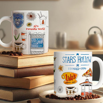 "Stars Hollow" 1pc 11oz Modern Gilmore Girls Coffee Mug Design with Luke's Diner & Coffee Shop Icons