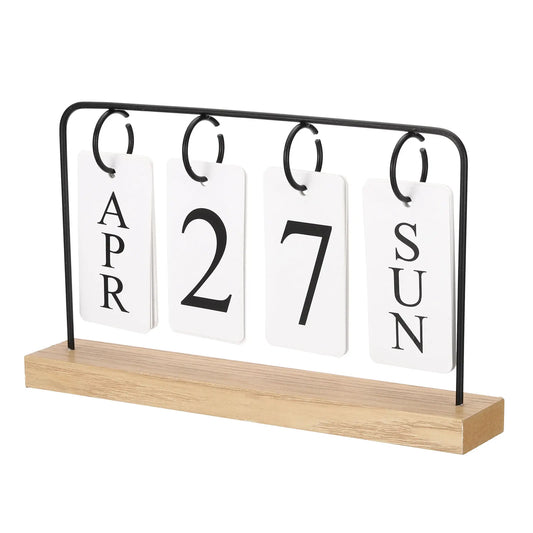 Vintage Wooden Perpetual Desktop Flip Month to Date Display Standing Calendar for Office/Home Decoration