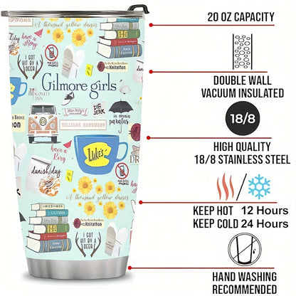 1pc 20oz Gilmore TV Show Themed Stainless Steel Tumbler with Iconic Book & TV Quotes, Cute Coffee Cup Design for Hot/Cold Drinks, School, Outdoor, Gift for Fans (Aspiring Writers, Jess & Rory Inspired), Coffee Travel Mug, Tea