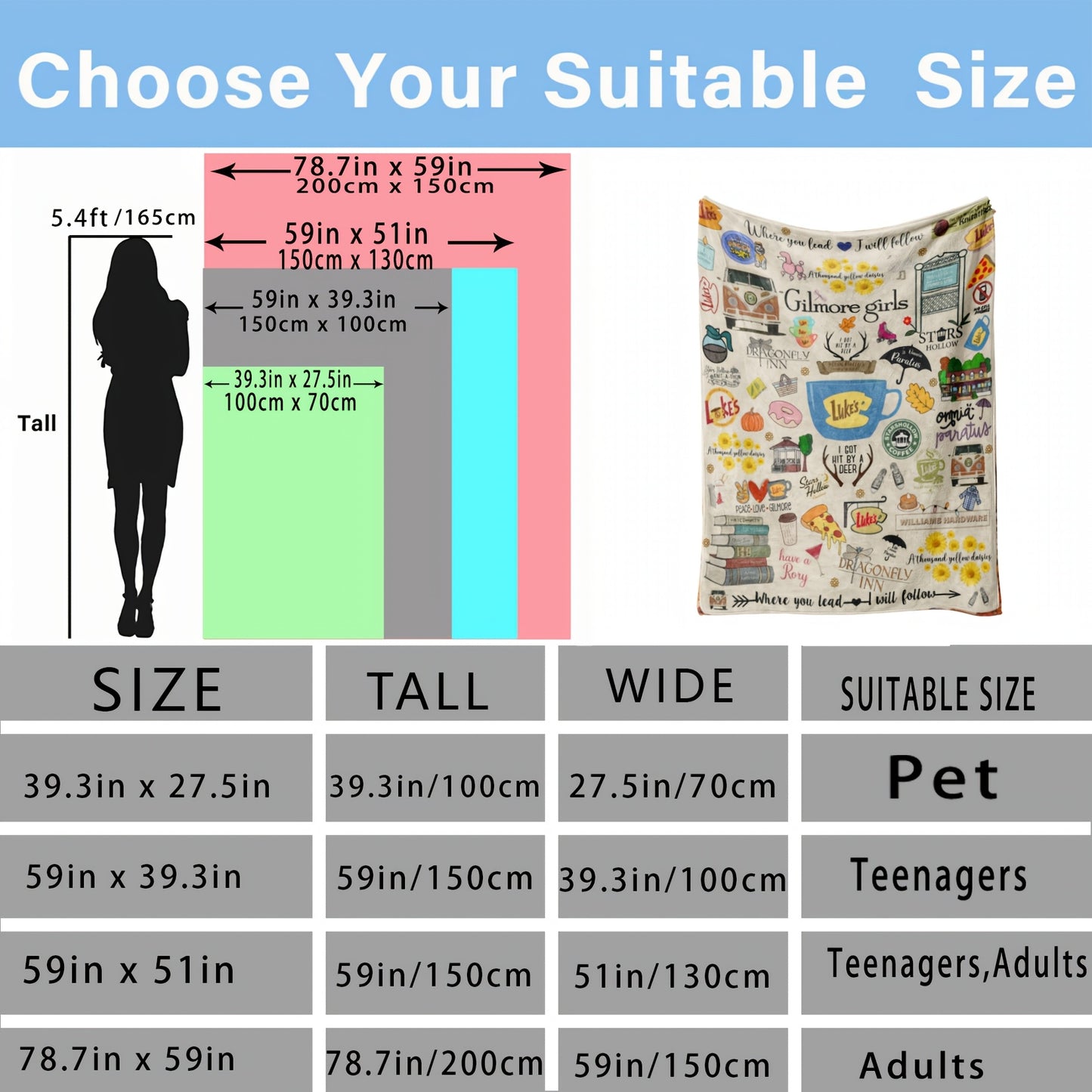 Gilmore Girls TV Show Themed Throw Blanket - Ultra-Soft Fleece with Luke's Diner, Stars Hollow & "Where You Lead" Quotes