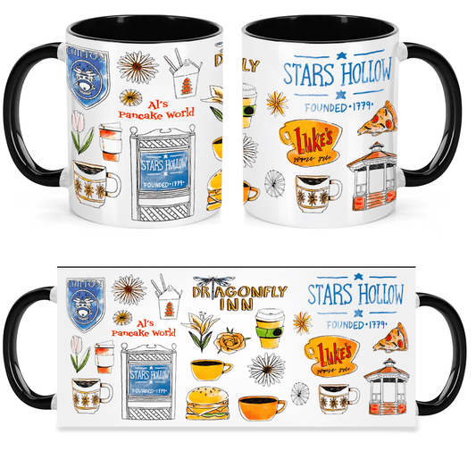 "Stars Hollow" 1pc 11oz Modern Gilmore Girls Coffee Mug Design with Luke's Diner & Coffee Shop Icons