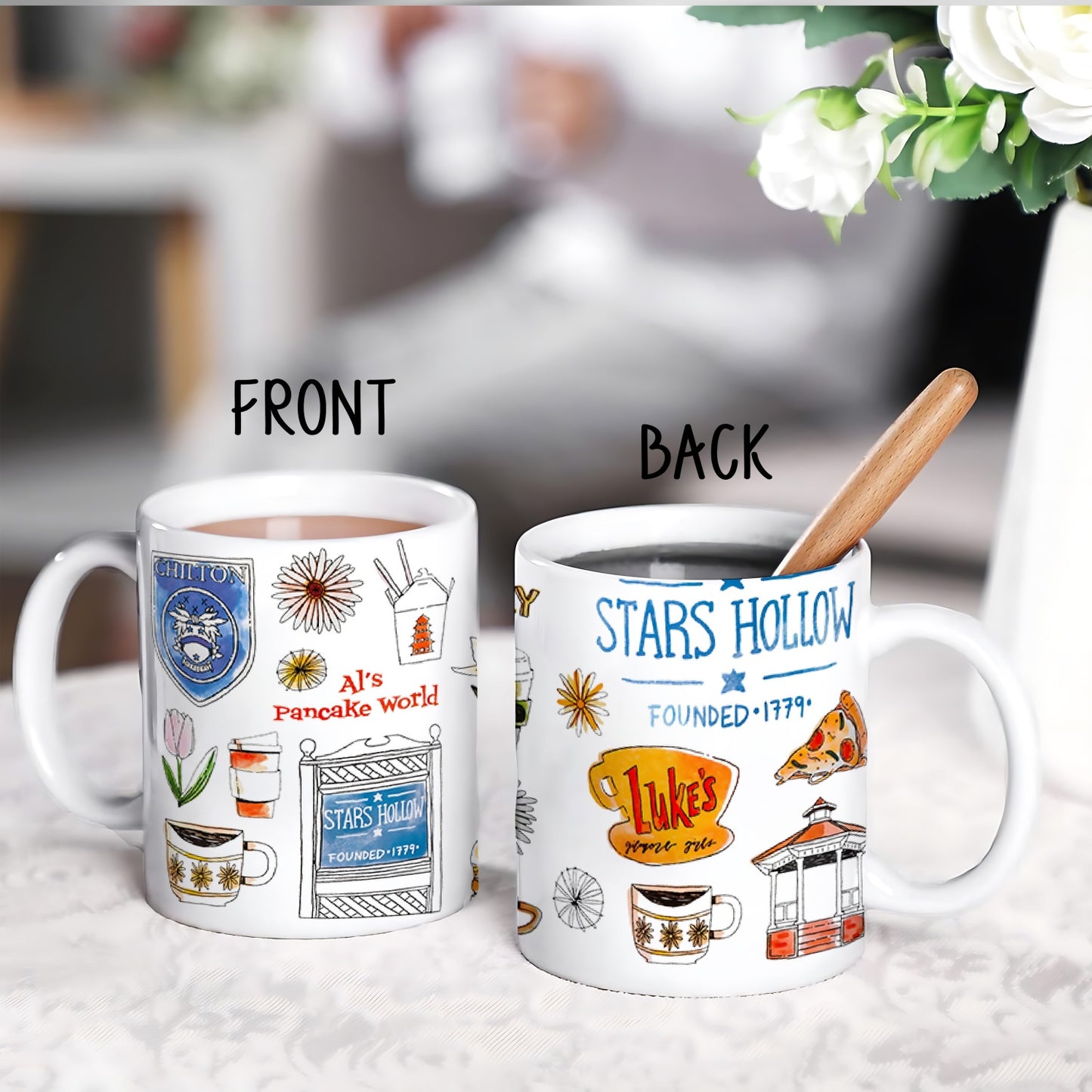 "Stars Hollow" 1pc 11oz Modern Gilmore Girls Coffee Mug Design with Luke's Diner & Coffee Shop Icons