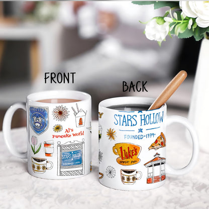 "Stars Hollow" 1pc 11oz Modern Gilmore Girls Coffee Mug Design with Luke's Diner & Coffee Shop Icons