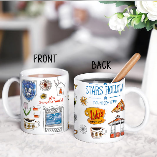 "Stars Hollow" 1pc 11oz Modern Gilmore Girls Coffee Mug Design with Luke's Diner & Coffee Shop Icons
